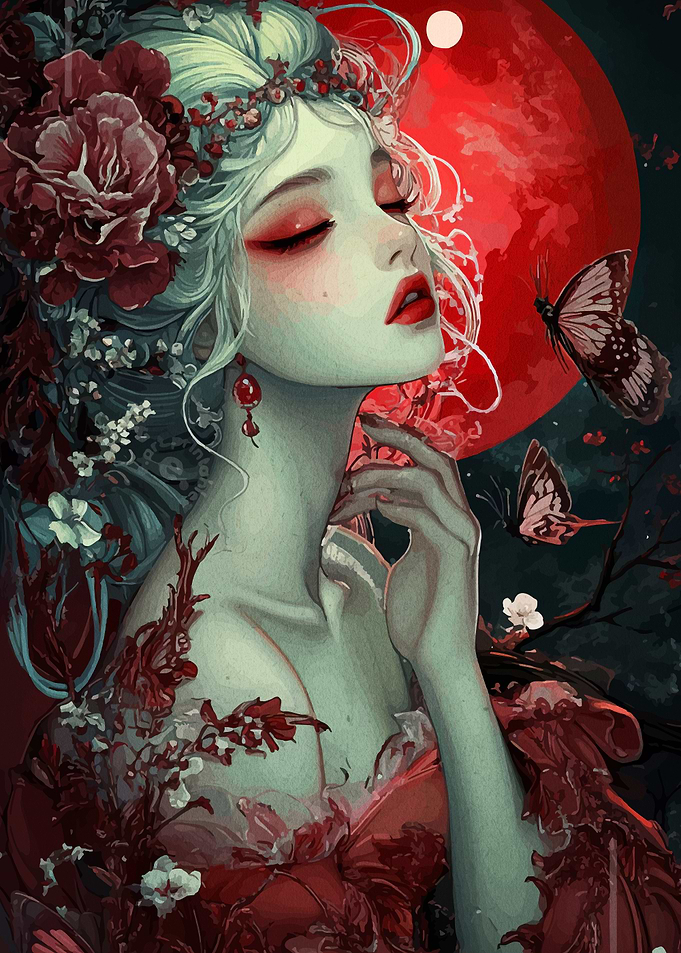 Red Moon Woman with Butterflies