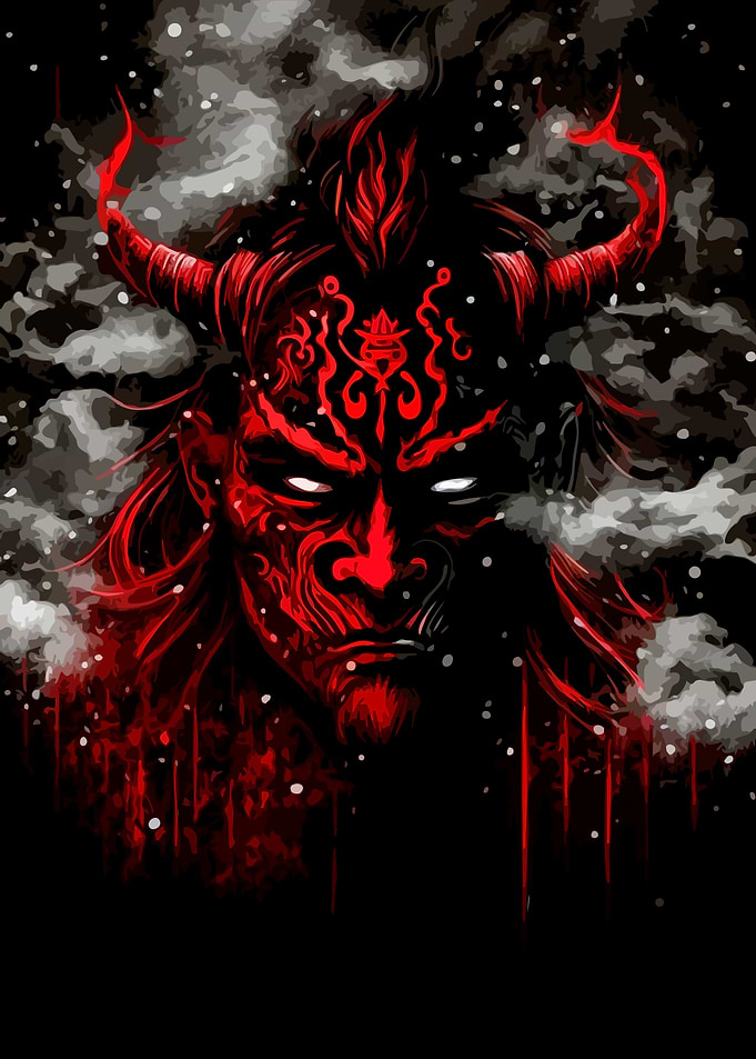 Red Demon with Horns and Smoke