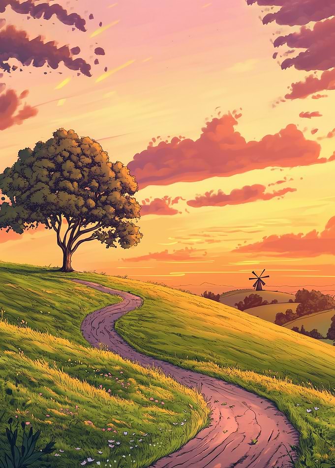 Sunset Landscape with Tree and Path