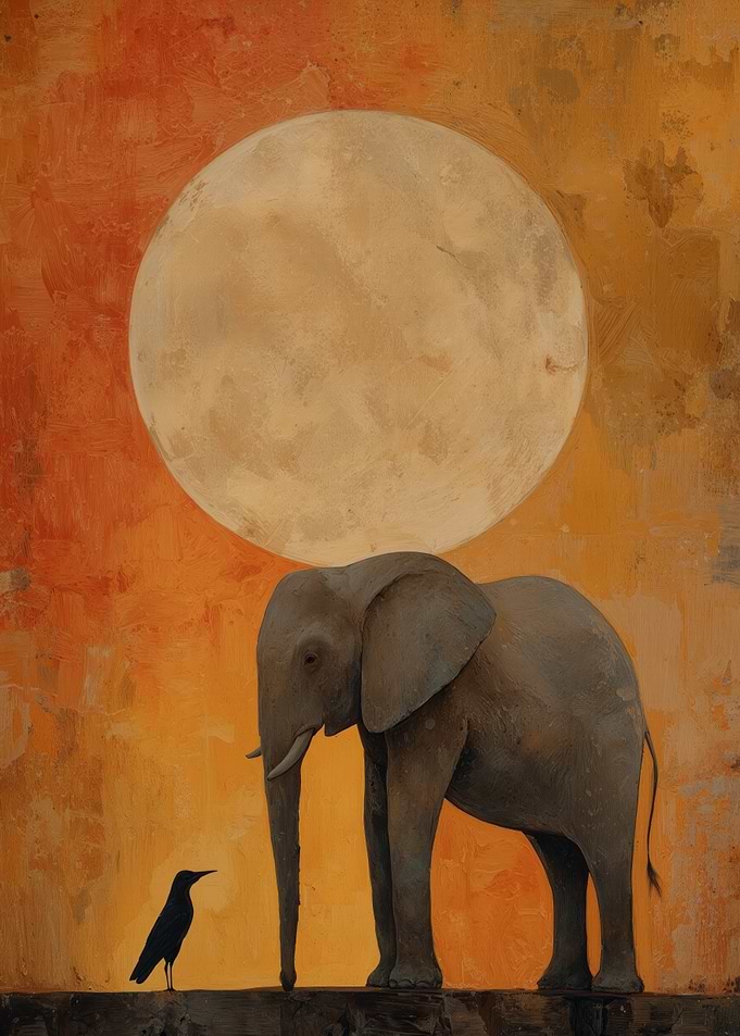 Elephant and Crow Under the Moon