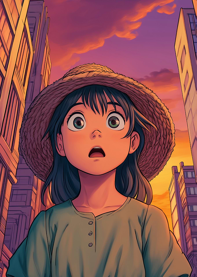 Anime Girl in Cityscape at Sunset