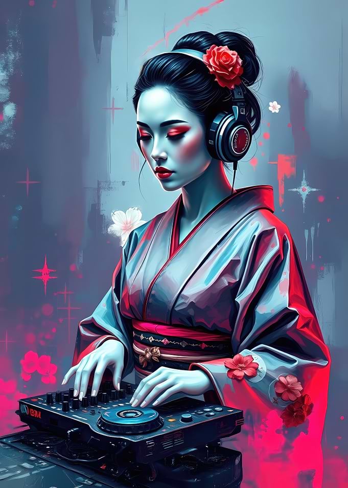 Geisha DJ with Headphones and Mixer
