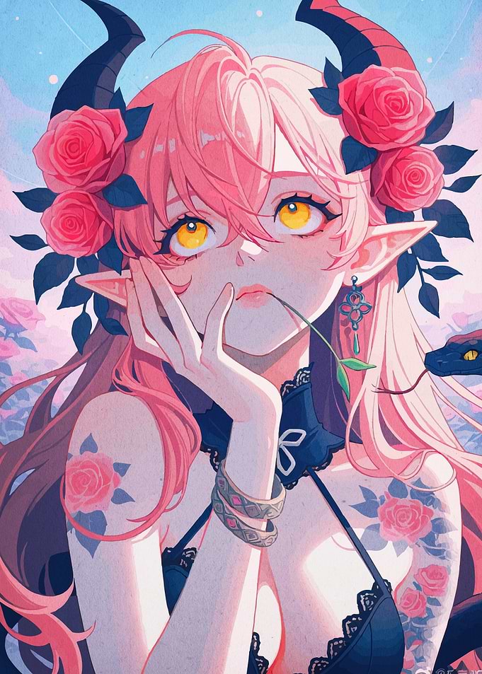 Anime Girl with Horns and Roses