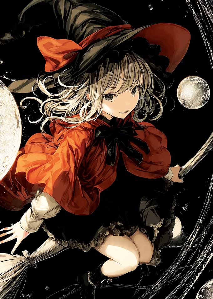 Anime Witch Flying on Broomstick