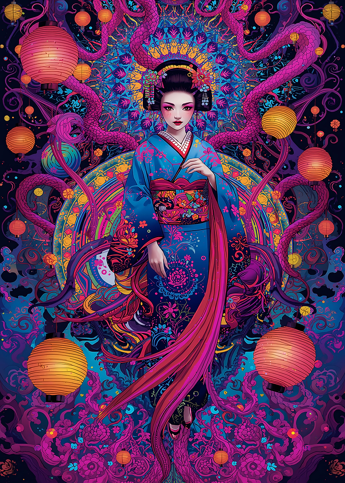 Geisha with Lanterns and Dragon