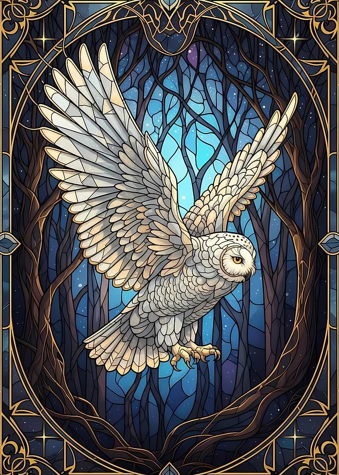 Stained Glass Snowy Owl in Flight