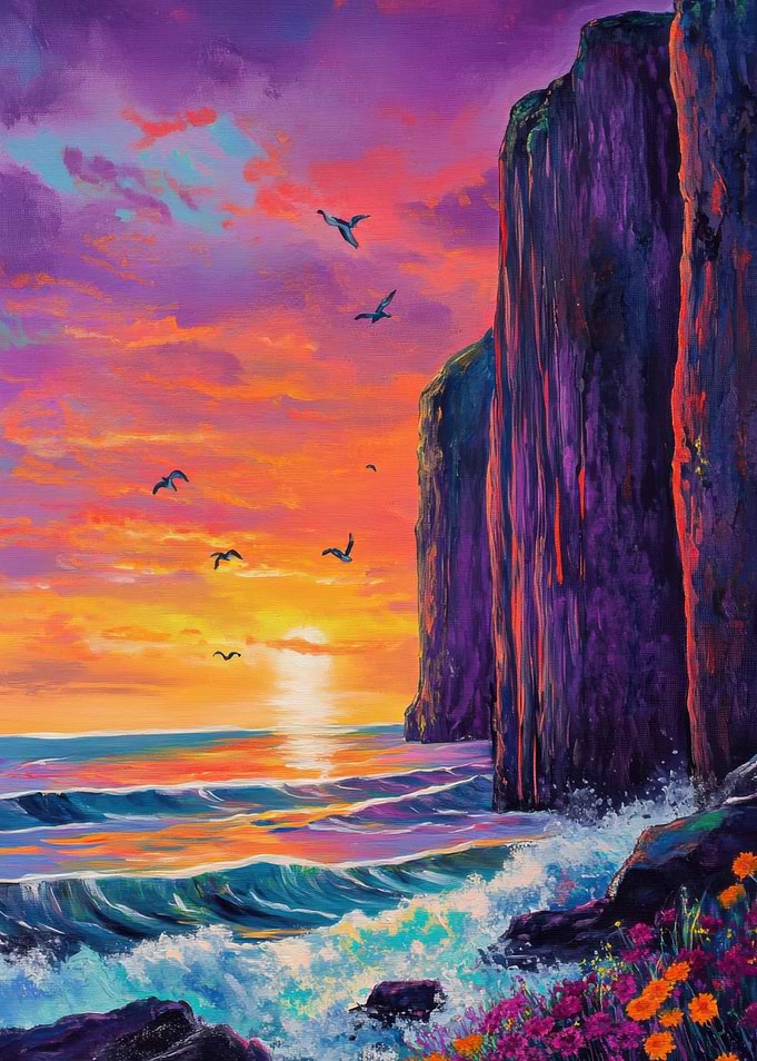 Coastal Cliffs at Sunset Painting