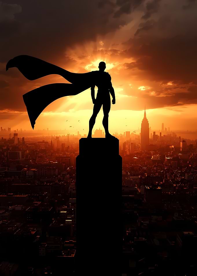 Superhero Silhouette Over Cityscape Sunset