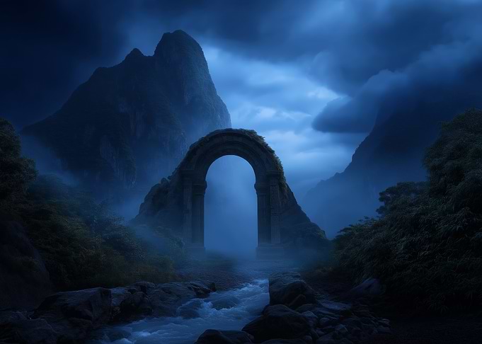 Mystical Stone Archway in Blue Landscape