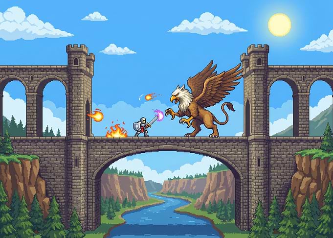 Pixel Art Knight vs. Griffin on Bridge