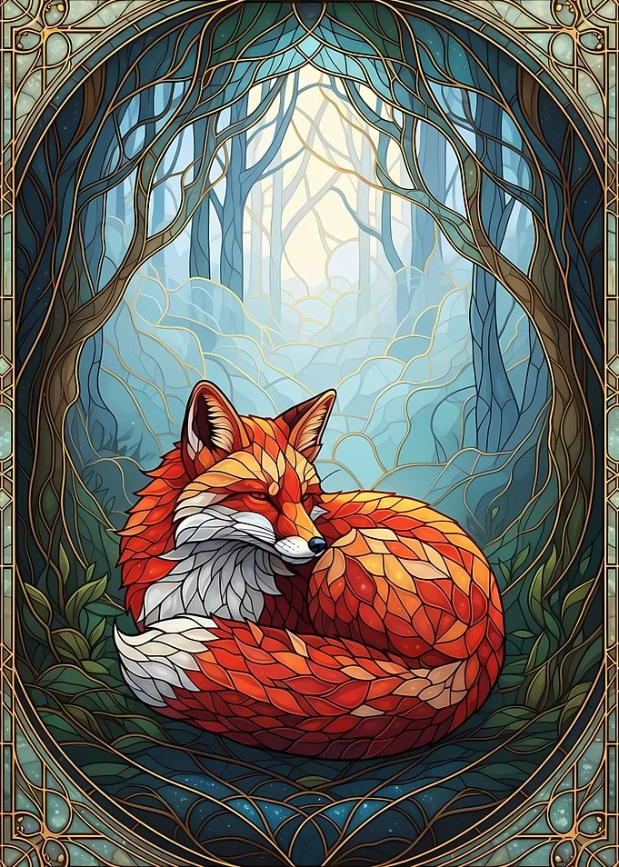 Fox in Forest Stained Glass Style