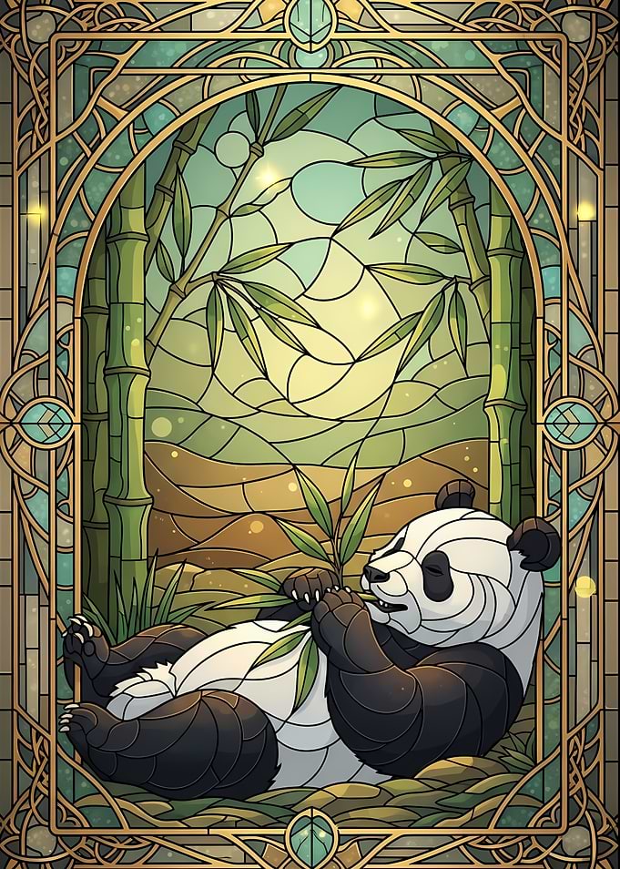 Panda in Bamboo Forest Stained Glass