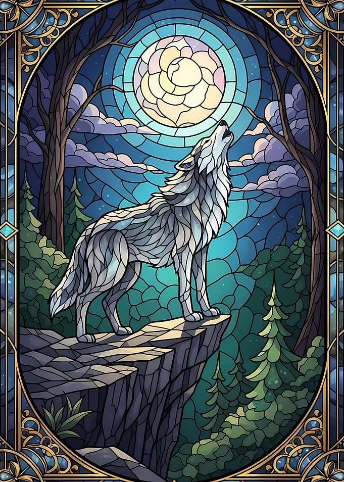 Stained Glass Wolf Howling at Moon
