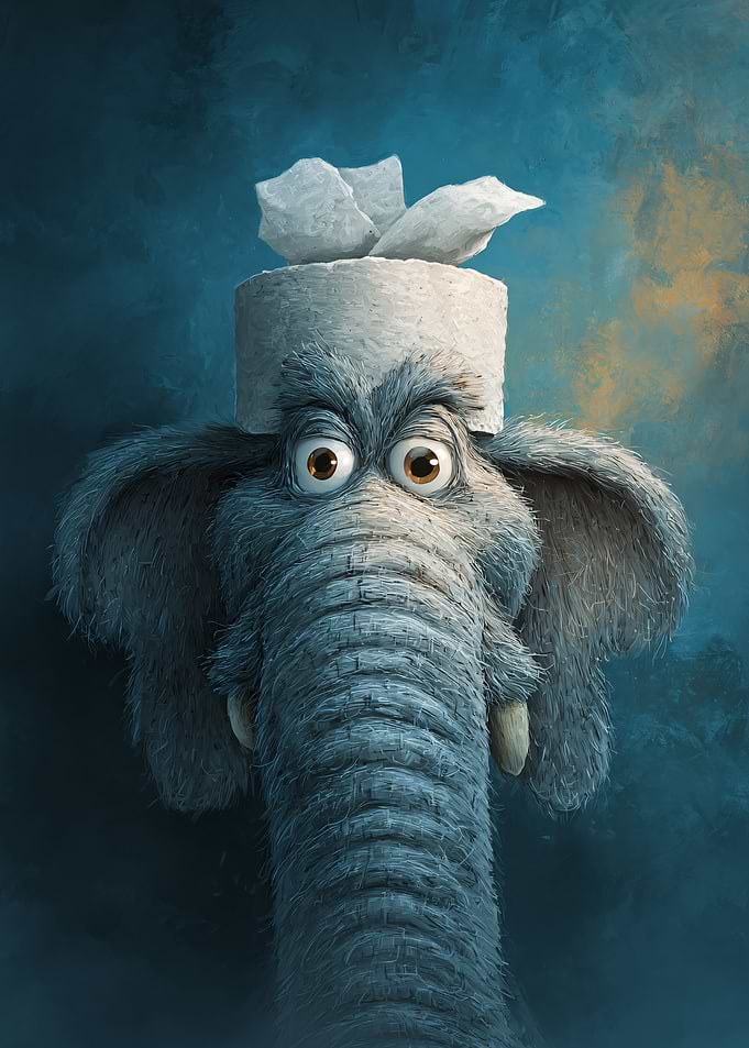 Elephant with Toilet Paper Hat