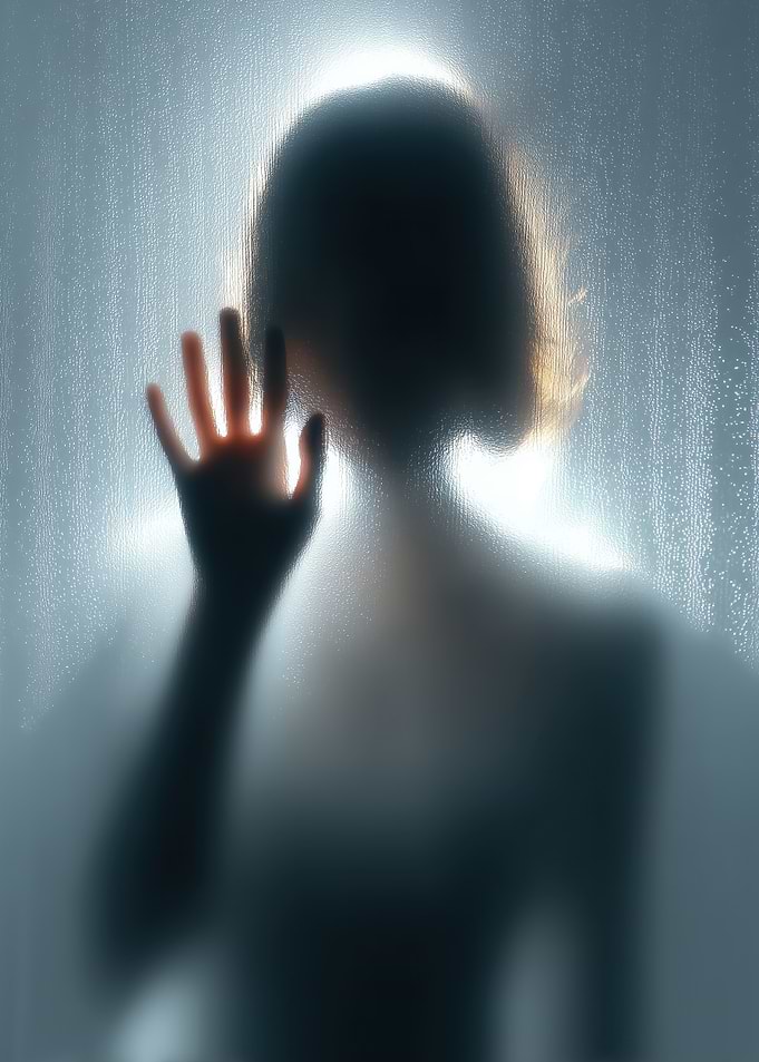 Silhouette behind frosted glass with hand