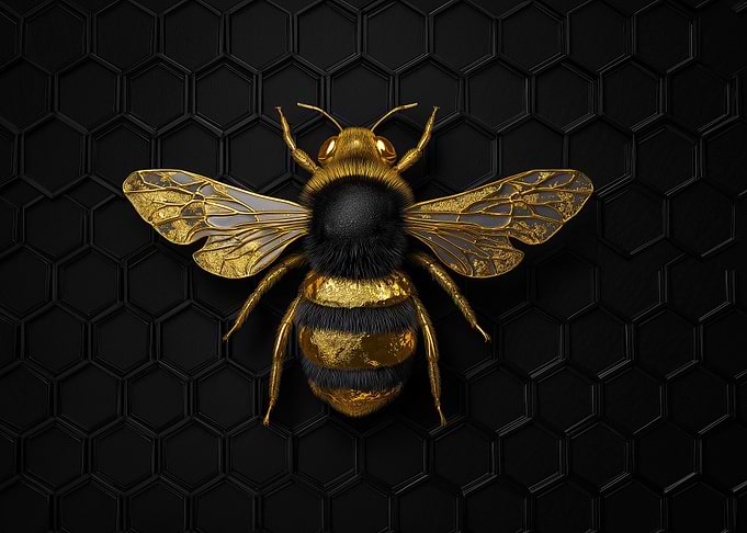 Golden Bee on Black Hexagon Background