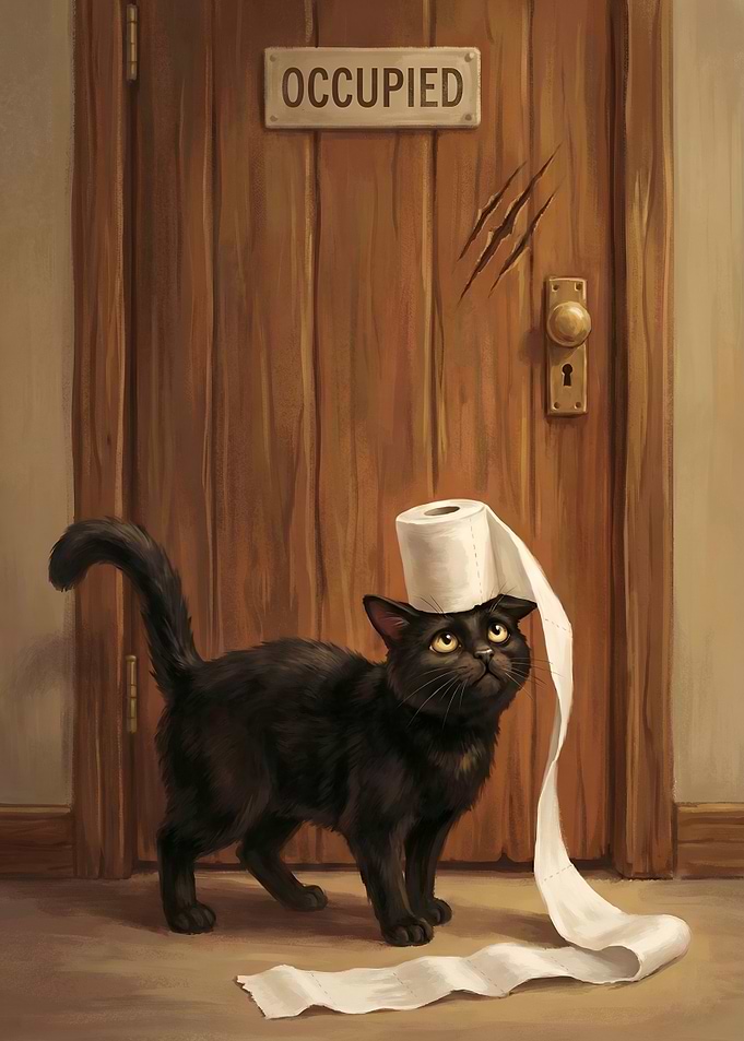 Mischievous Cat with Toilet Paper Hat
