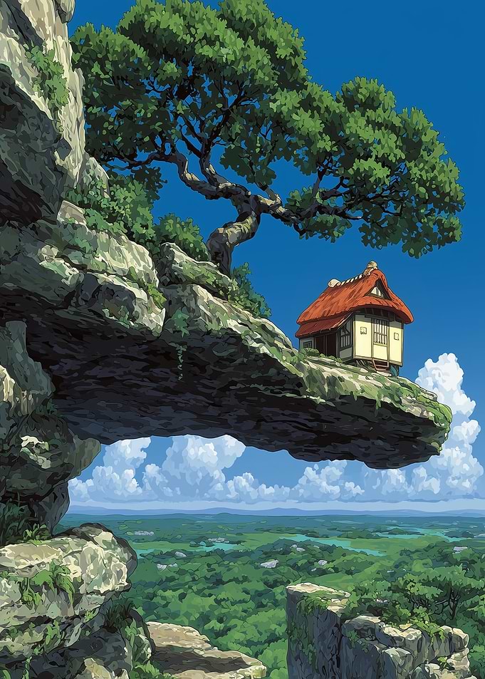 Cliffside House with Tree and Landscape