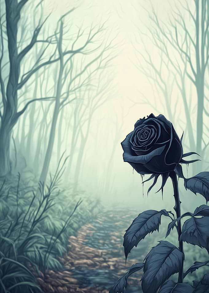 Black Rose in Misty Forest
