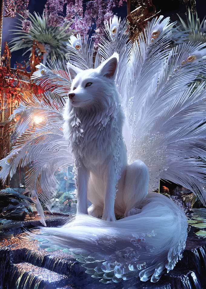 Elegant White Fox with Feather Tails
