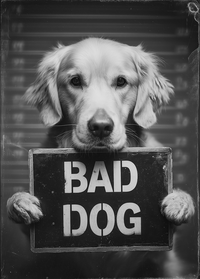 Golden Retriever 'Bad Dog' Mugshot