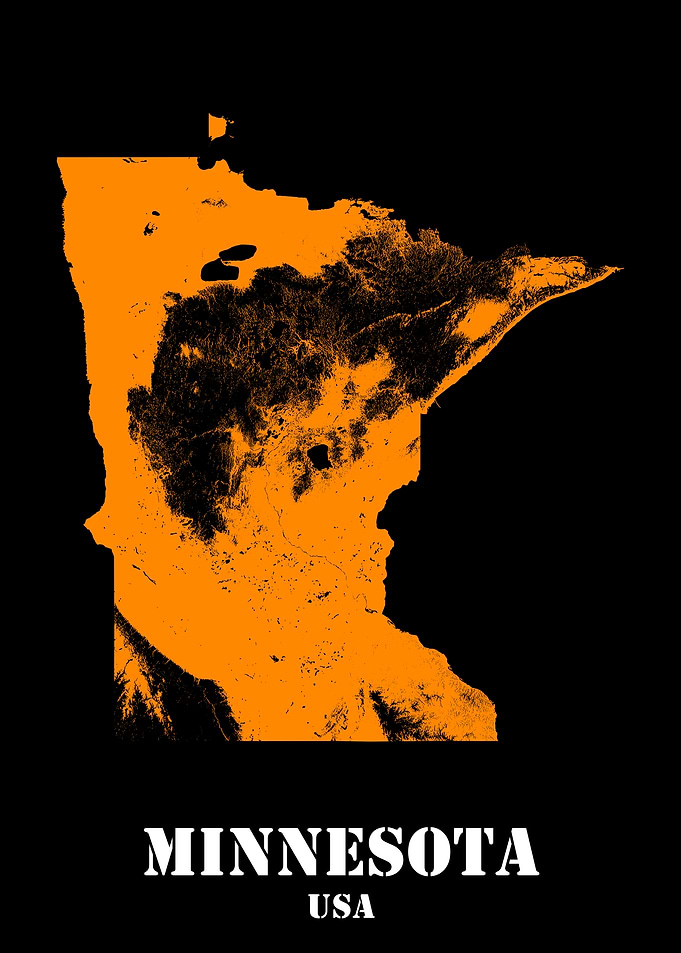 Minnesota USA State Minimalist Black Orange Topographic Contour Relief Map featuring terrain in orange color