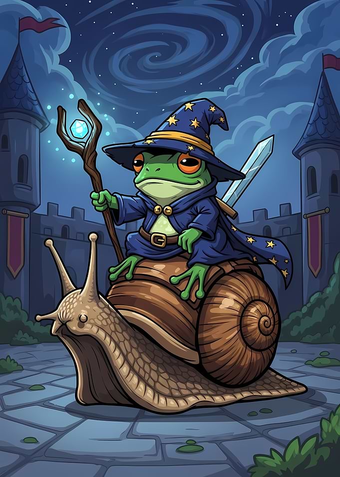 Frog Wizard Riding Snail