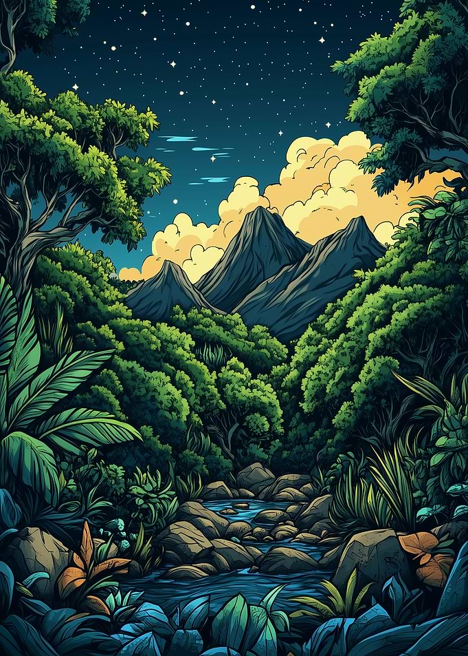 Lush Jungle Landscape at Night