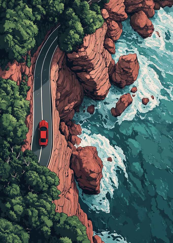 Coastal Road Trip with Red Car
