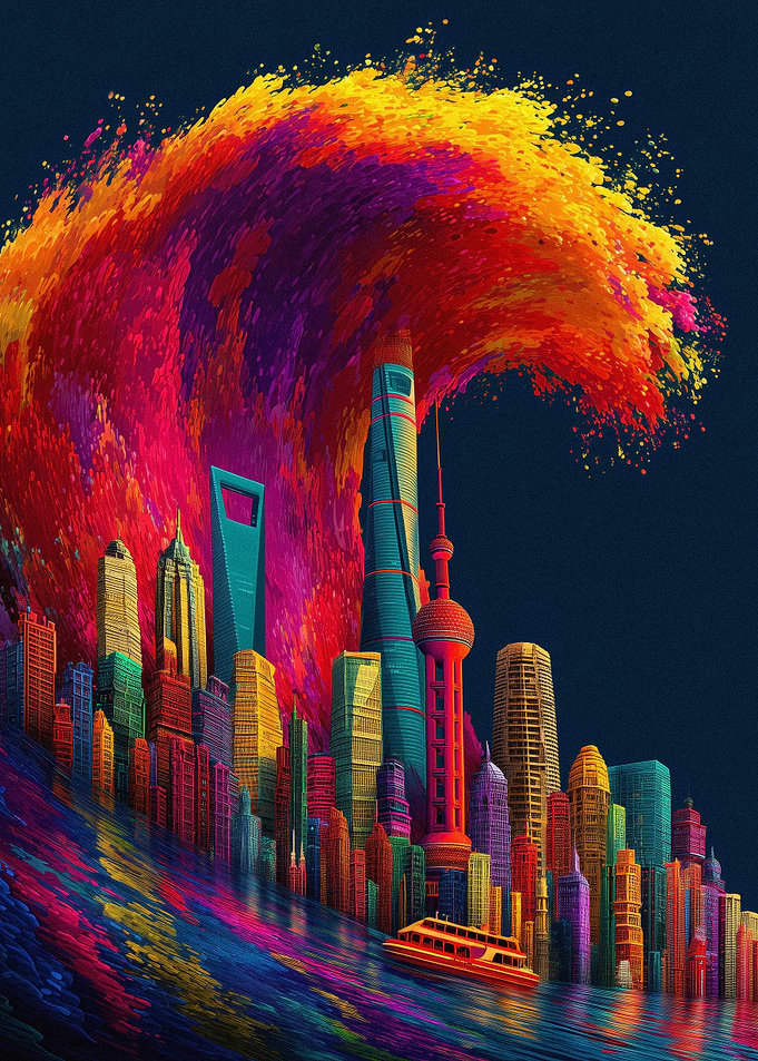 Shanghai Skyline with Colorful Wave