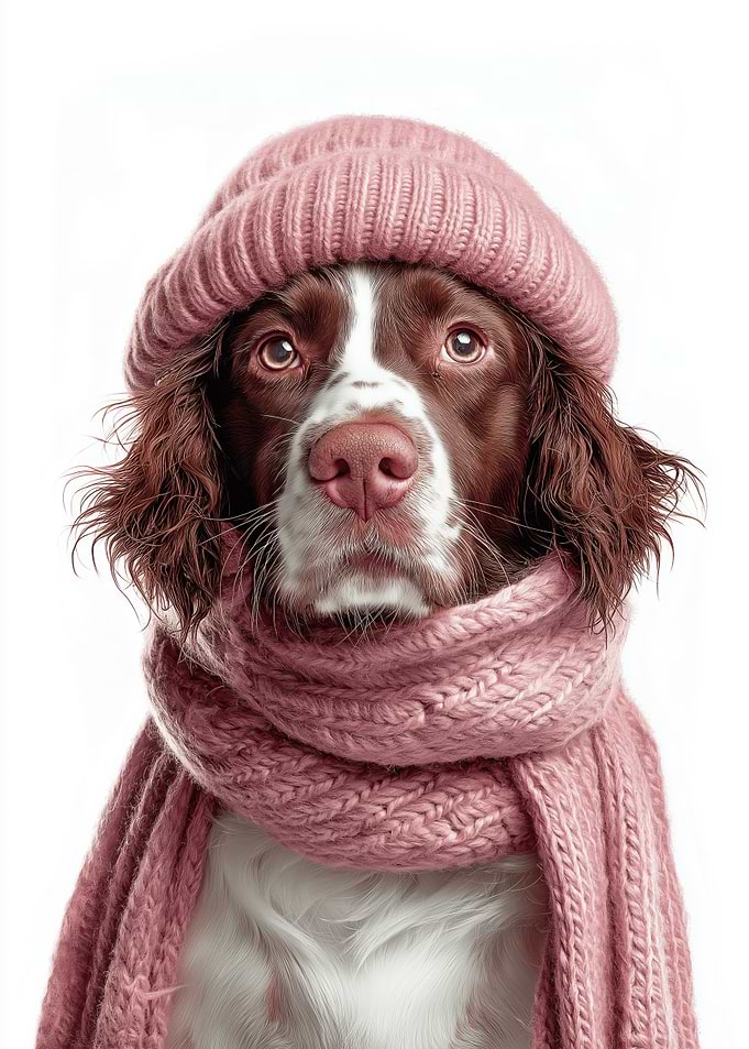 Cozy English Springer Spaniel in Pink Hat and Scarf