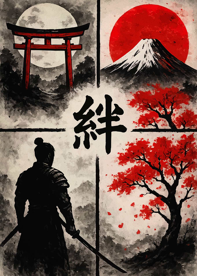 Japanese landscape with samurai and Mount Fuji