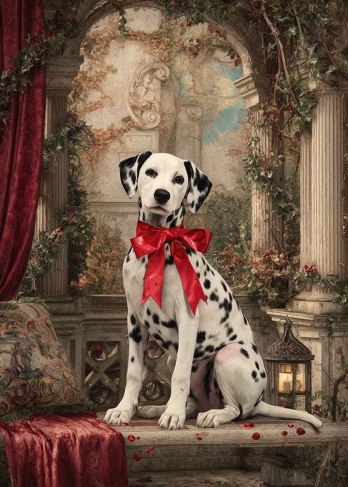 Dalmatian with Red Bow in Garden