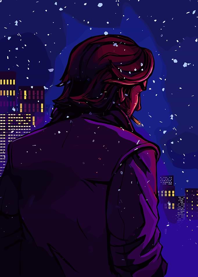 Cityscape at Night with Man Smoking