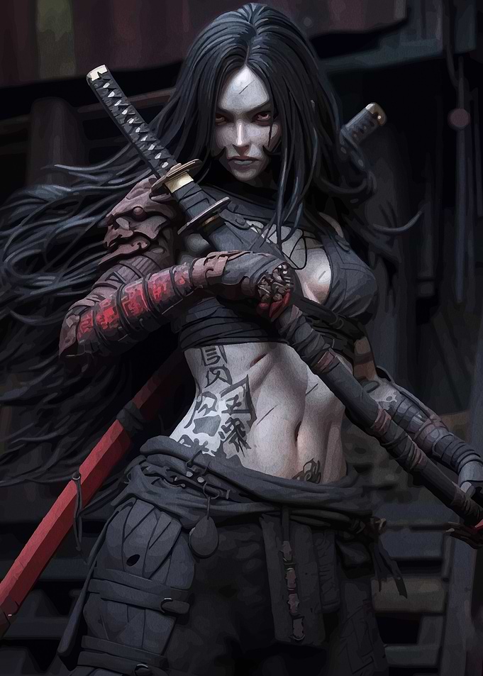 Tattooed Female Warrior with Katana