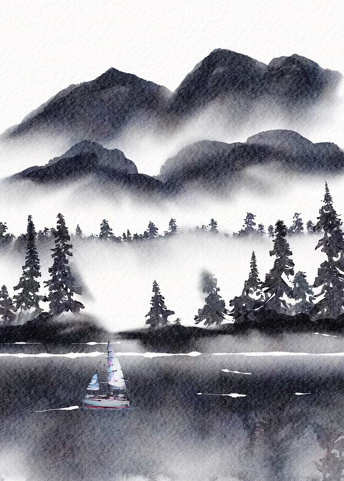 Watercolor Landscape with Sailboat and Mountains