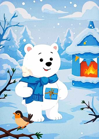 Winter Bear with Gift Illustration