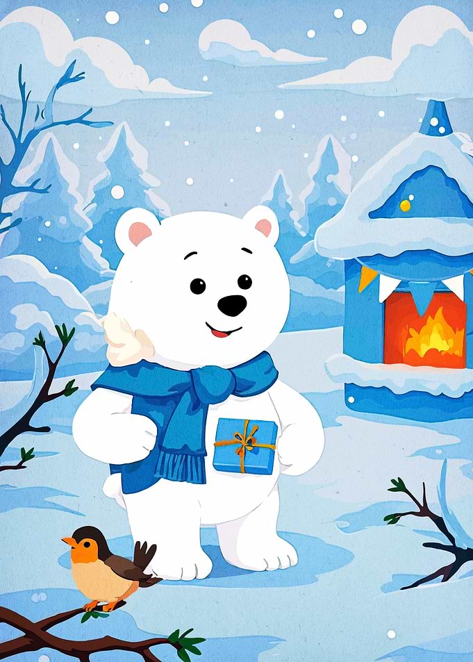 Winter Bear with Gift Illustration