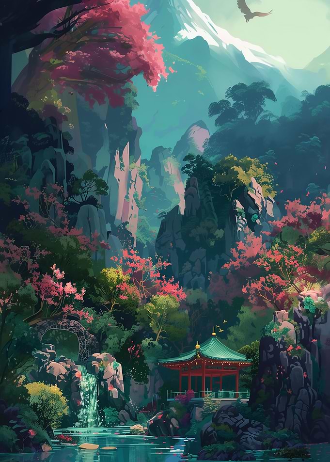 Japanese Garden with Pagoda and Waterfall
