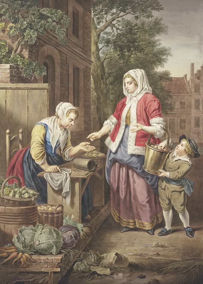 A lady and a boy are buying apples