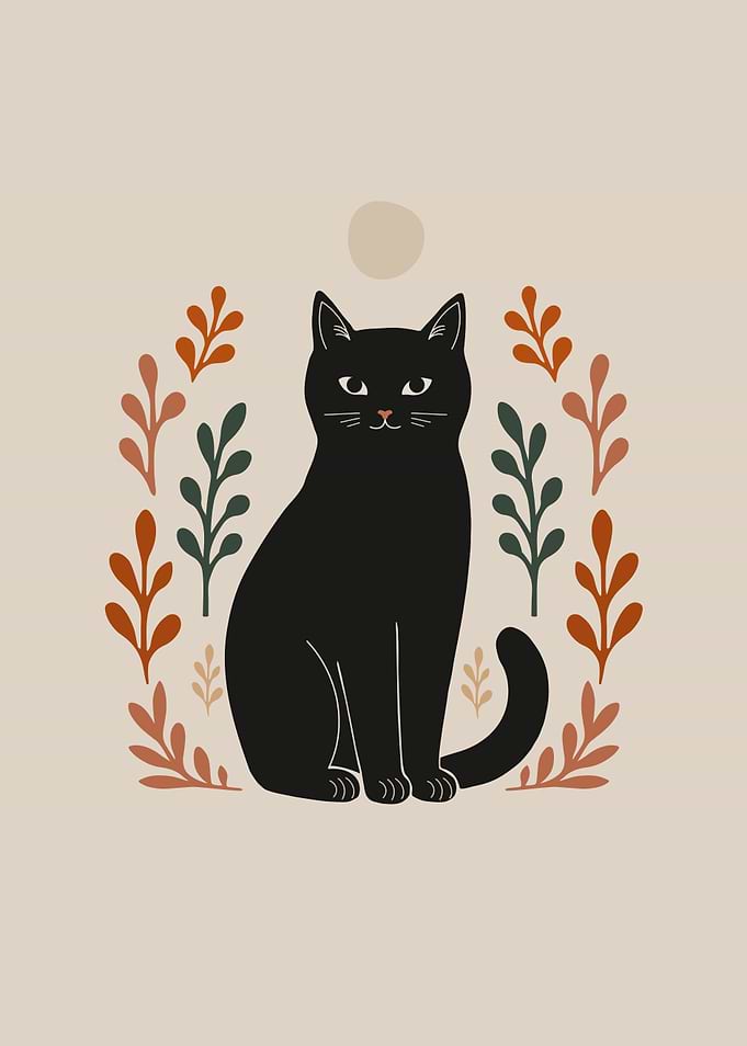 Black Cat with Floral Frame Boho Art