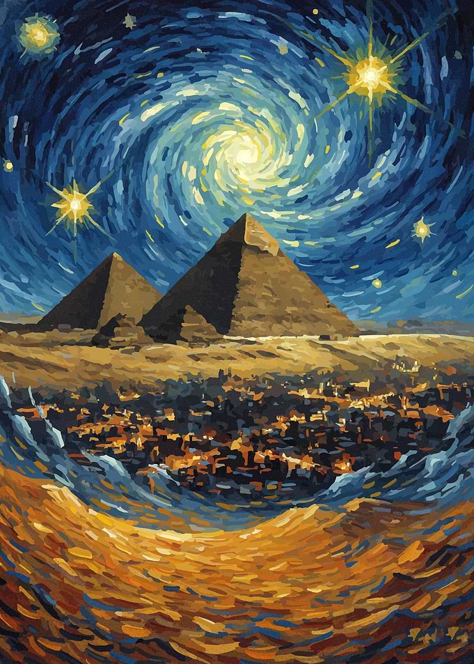 Egyptian Pyramids Under Starry Night Sky
