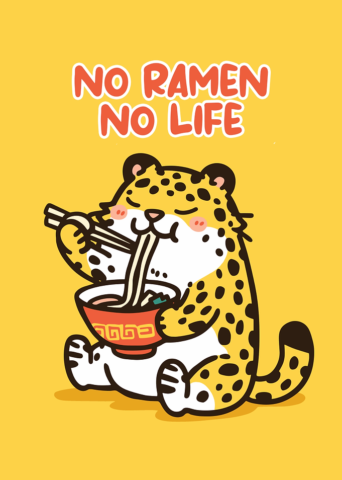 Cartoon Leopard Eating Ramen Noodles