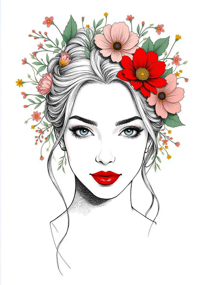 Floral Woman Portrait with Red and Pink Blossoms