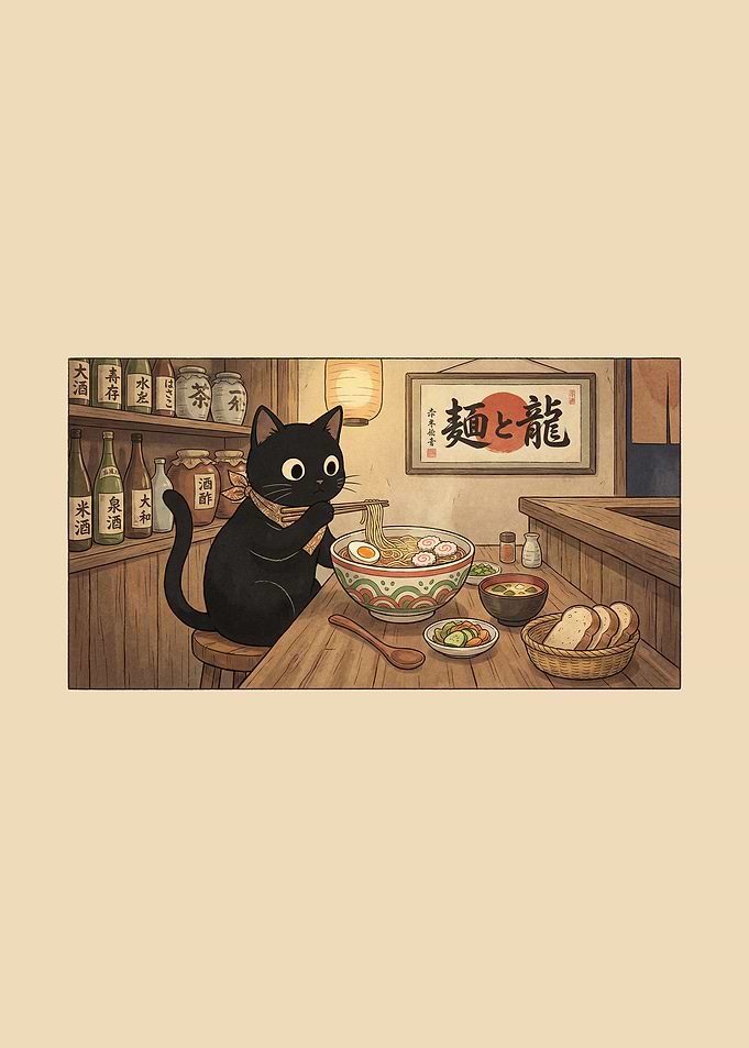 Cat eating ramen in Japanese restaurant