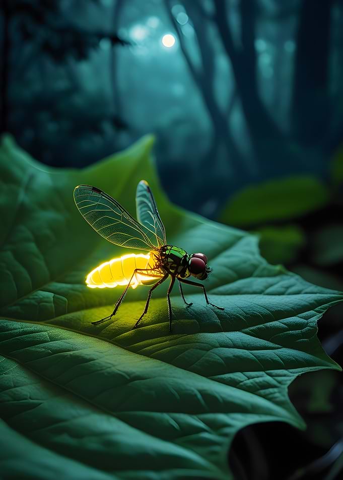 Glowing Insect on Leaf in Forest