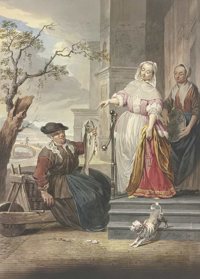 A lady stands with her maid in front of her house, negotiating with a fishmonger