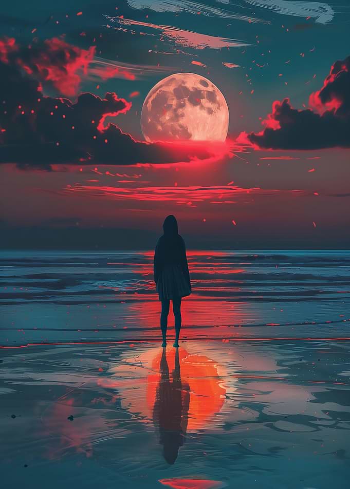 Woman on Beach Under Red Moon