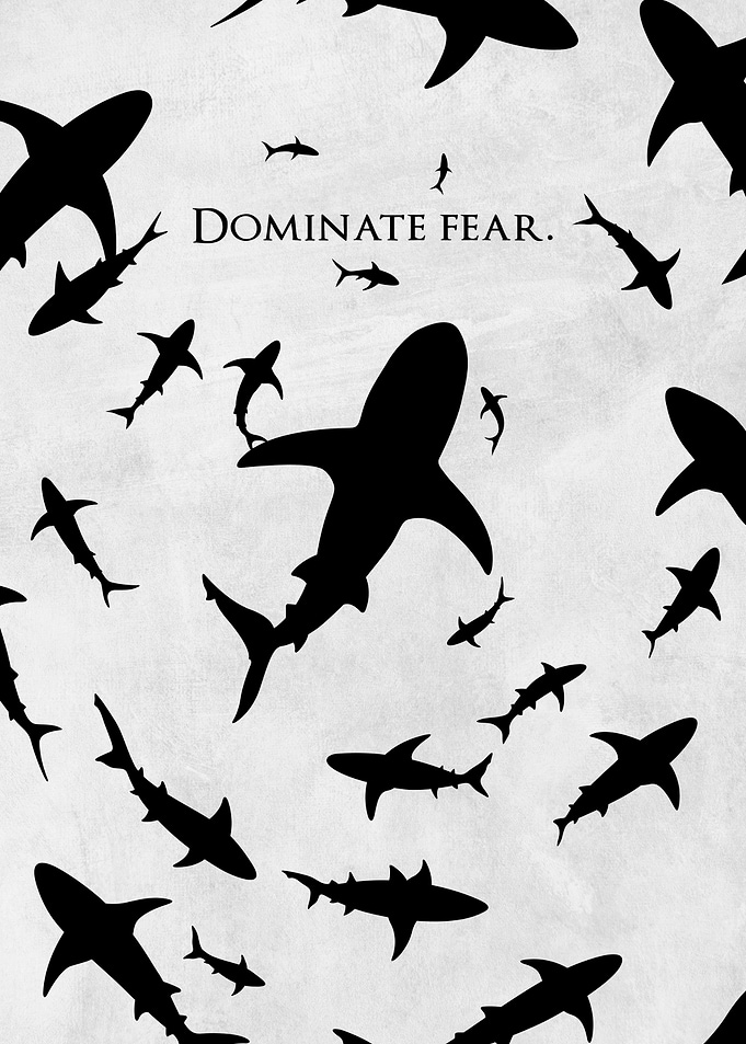 Minimalist Shark Silhouette Poster – “Dominate Fear” Inspirational Quote
