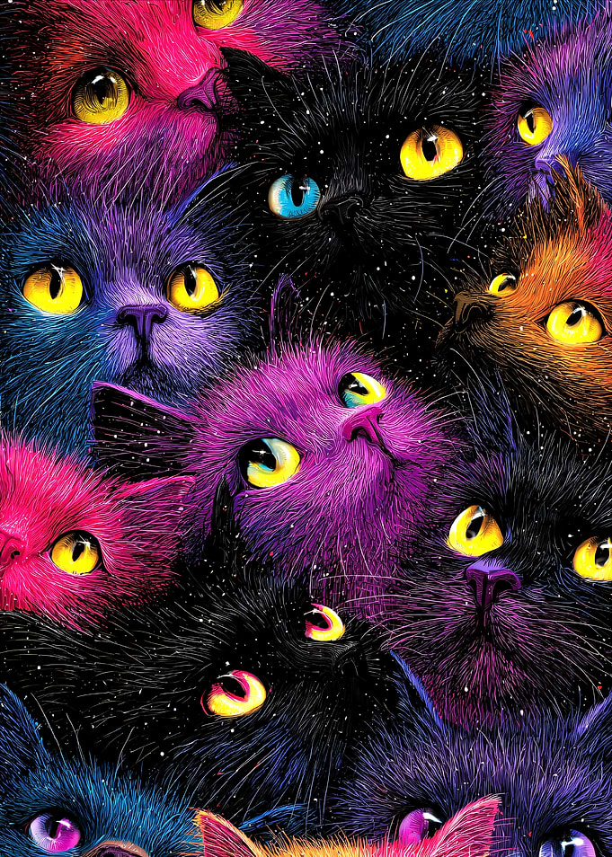 Colorful Cats in the Dark